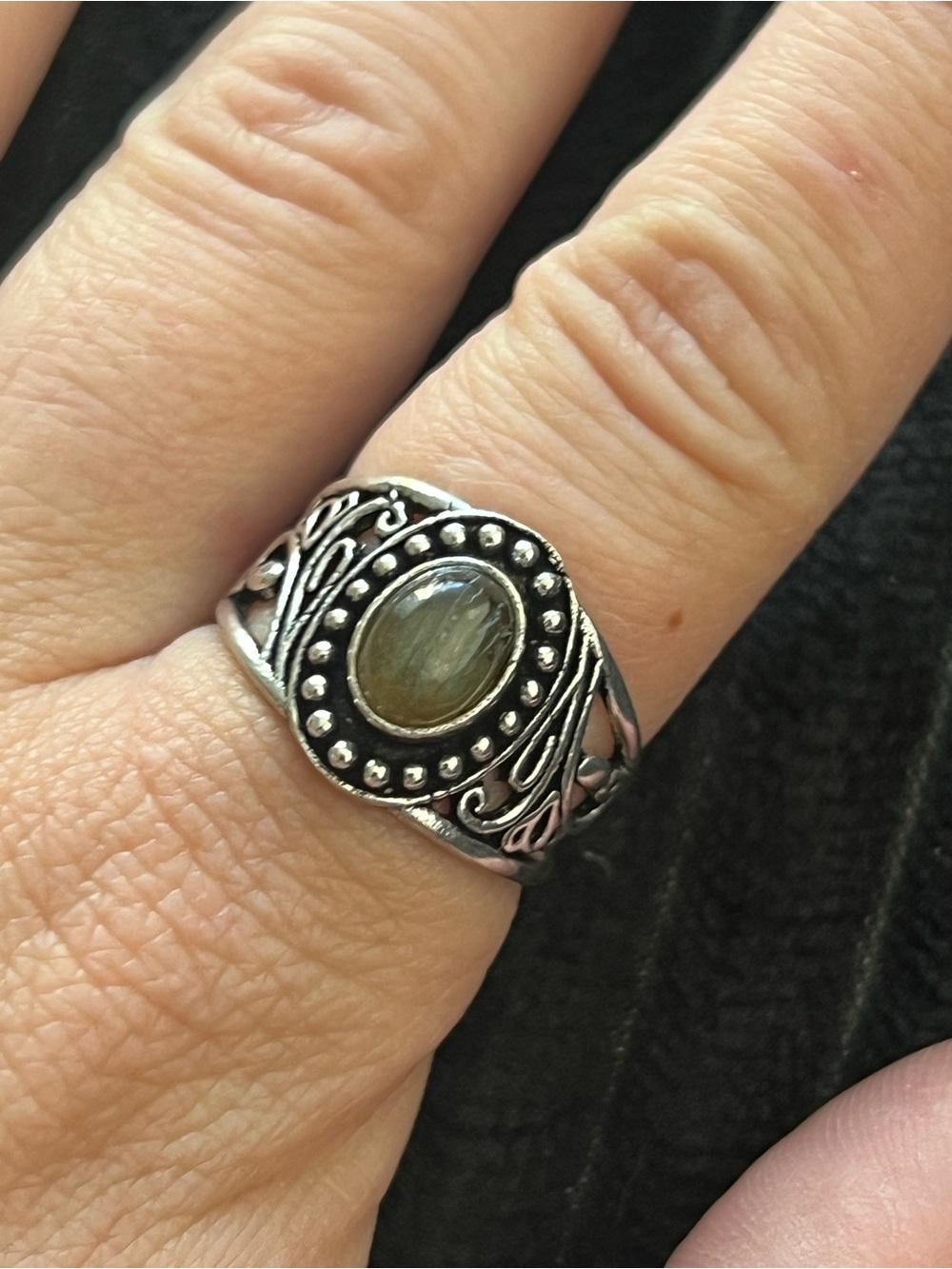 925 Sterling Silver Labradorite Ring Size 8.5 Ornate Filigree Cabochon Handmade